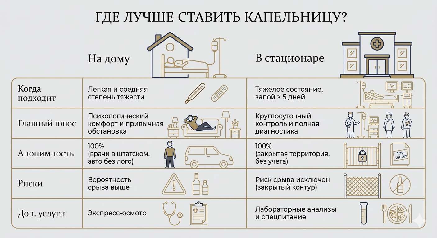 Сравнительная таблица условий постановки капельницы от запоя на дому и в стационаре: критерии выбора, преимущества, анонимность и риски.